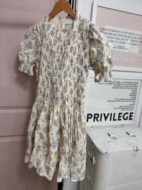 PRIV - Cream Dress with Blue Floral Smocking NWT